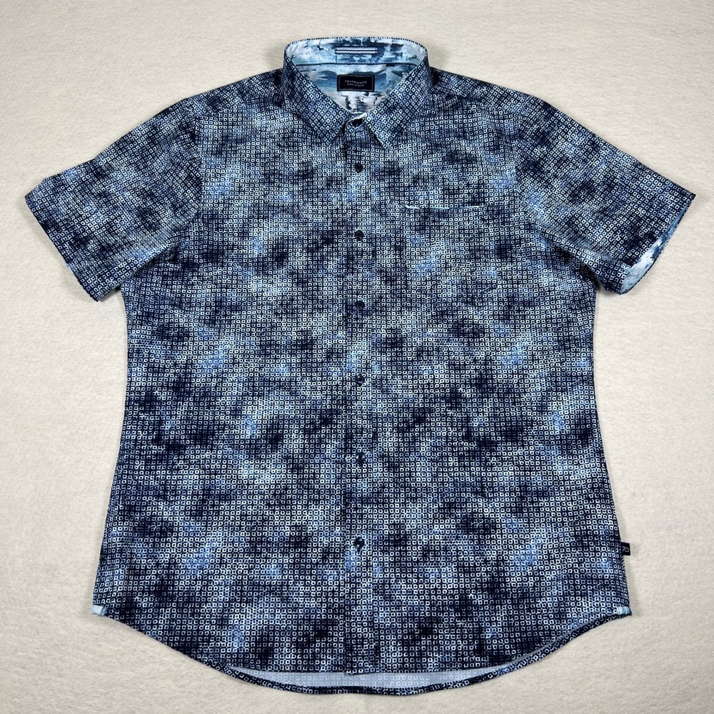 7 Diamonds Men's L Blue Abstract Print‎ Short Sleeve 4 Way Stretch Button Down